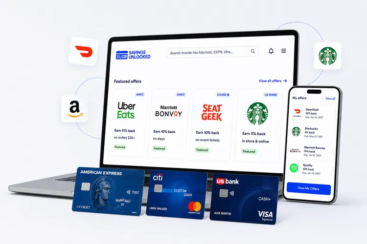 Savings Unlocked open on a laptop showing featured offers from Uber Eats, Marriott Bonvoy, SeatGeek and Starbucks, with a phone listing saved offers and Amex, Citi and US Bank cards in front.