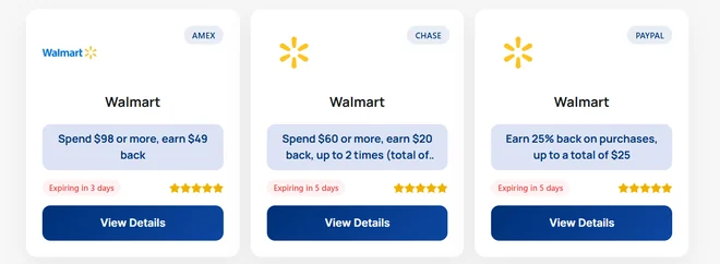Three Walmart offer tiles side by side — an Amex offer for $49 back on $98, a Chase offer for $20 back on $60 and a PayPal offer for 25% back — each showing how soon it expires and a View Details button.
