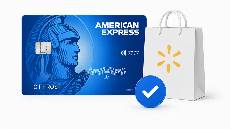 An American Express card next to a Walmart shopping bag with a blue check mark, showing a purchase made on the eligible card.