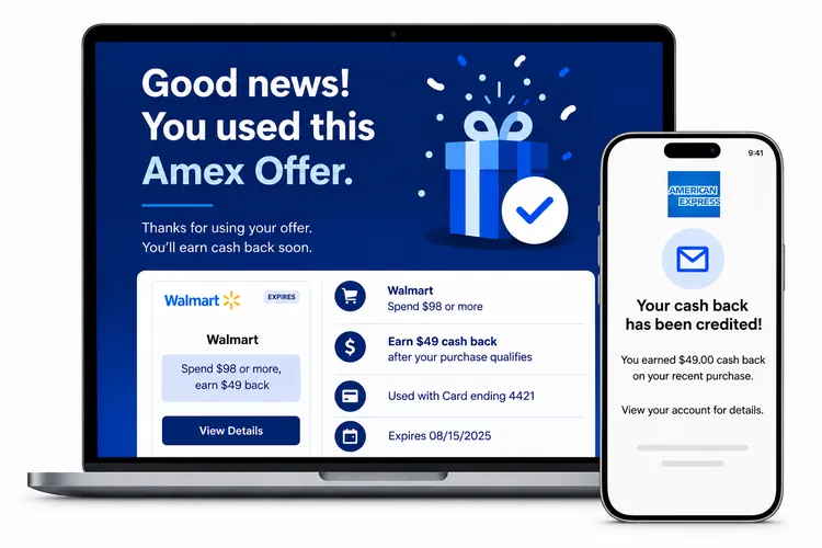 A laptop showing “Good news! You used this Amex Offer” with the Walmart offer details, beside a phone showing an email confirming $49.00 cash back has been credited.