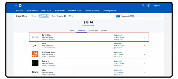 Chase offers activity showing redeemed Calvin Klein offer