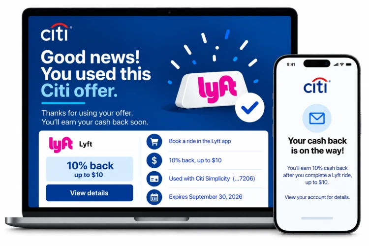 Citi confirmation showing the Lyft offer was used and cash back is on the way