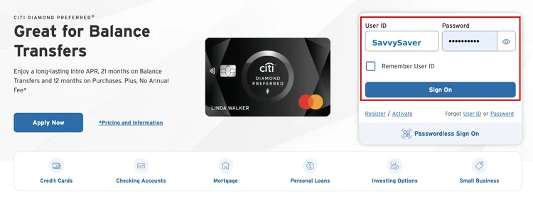 Citi sign-in page with the User ID, Password, and Sign On fields highlighted
