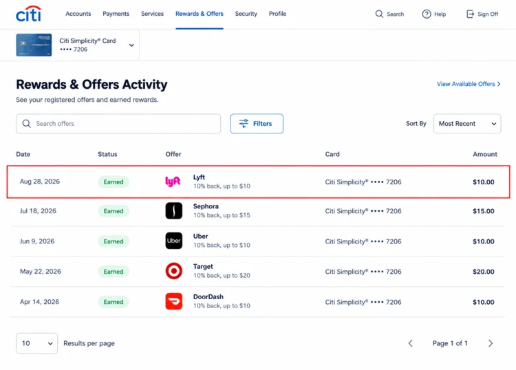 Citi Rewards & Offers Activity showing the Lyft offer marked Earned for the Citi Simplicity card ending in 7206