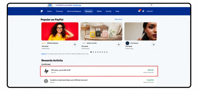 PayPal offers activity showing redeemed HP offer